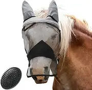valuents Fly Mask for Horses in Grey - Fly Hood - Nostril Protection - UV Protection - Available in 4 Sizes for Pony + Plus Horse Brush