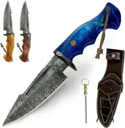 Fixed Blade Damascus Hunting Knife With Holster Ideal Camping Knife