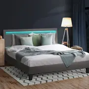 Oikiture Bed Frame RGB LED Double Size Wooden Slats Grey Fabric