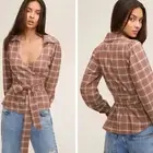 Marissa Webb Flannel Wrap Top Women's S Mesa Tan Plaid V-Neck Light Academia NEW