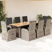 Patio Sets 9 Piece Garden Dining Set with Cushions Grey Poly Rattan