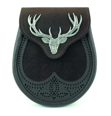 Stunning Glen Esk Brown Saddle Leather Semi Dress Sporran With Highland Stag Emb