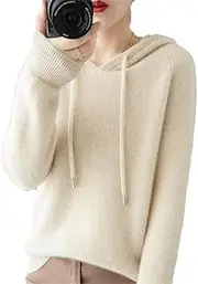 [NIAIRKE] Womens Cashmere with Pullovers,Winter Casual Knitting Hoodie Fashion Sweater,Fall Drawstring Thick Sweater