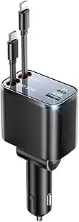 Retractable Car Charger 4 in 1 Car Charger Adapter Fast Charging with Dual Retractable Cord USB C PD Multi Ports Voltmeter Cigarette Lighter USB Charger (TYPEC&IP)