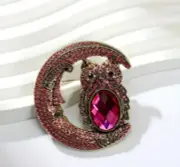 Owl on moon pink crystal pin brooch