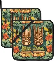Aloha Tiki Pattern Potholders BBQ Pot Holders for Heat Resistant Potholder, Hot Pads,Cooking Baking(2-Pack)