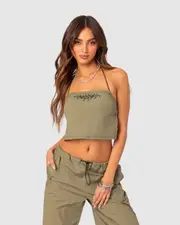 EDIKTED Womens Fey bungee Strap Open Back Top OLIVE