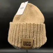 UGG BEANIE WIDE CUFF RIB KNIT CAP HAT ONE SIZE WARM WOOL BLEND CAMEL
