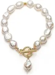 BEMDOFIG Irregular Baroque Pearl Bracelets Pearl Bangle 18K Gold Plated Buckle Freshwater Pearl Bracelets Everyday Jewelly for Women