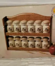 Heartland Collection Oak Spice Rack With 12 Ceramic Jars. New/Unused In Box.