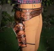 LEATHER WESTERN TOOLED HOLSTER GUN BELT DROP LOOP RIG SASS 34"-52" SIZE GUN BELT