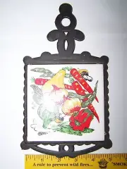 Vintage 70’s Vegetable Garden Ceramic Trivet Tile/Cast Iron