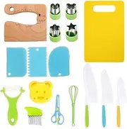 17Pcs Wooden Kids Kitchen Knife, PIOGHAX Kids Knife Set with Cutting Board Bear Sandwich Cutter Fruit Vegetable Cutters Serrated Edges Plastic Knifes for Real Cooking Kid Safe Knives