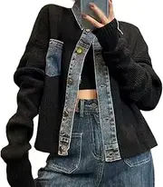 [Generic] Cardigan Sweaters for Women Loose Sweater Women's Denim Patchwork Knitted Top Jacket