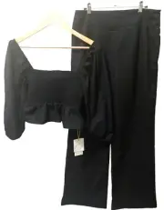 NWT Commense Two-Piece Black Linen Blend Off-Shoulder Top~Wide-Leg Pants Set Med