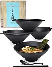4 Sets (12 Piece) 57 Ounce Large Japanese Ramen Noodle Soup Bowl Melamine Hard Plastic Dishware Ramen Bowl Set with Matching Spoon and Chopsticks for Udon Soba Pho Asian Noodles (4, Black, 9 inches)