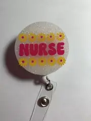 Retractable Badge Reel ID Holder - Nurse With Colorful Flowers