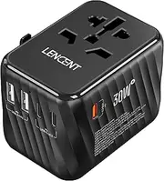 LENCENT Universal Travel Power Adapter, 30W International Charger with 3 USB-C 2 USB-A Fast Charging, Worldwide Plug Adaptor Travel Essentials for AU to US EU UK Ireland Type C/G/A/I Black