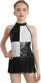 [Jugaoge] Girls Sequins Modern Jazz Latin Samba Stage Costume Halter Tank Leotard Tassel Dress Ballroom Dancewear