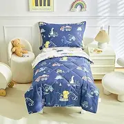 DuShow 4 Pieces Cotton Comforter Set for Boys,Soft Breathable Reversible Dinosaur Cars Toddler Bedding Set,Includes Quilted Comforter, Flat Sheet,Fitted Sheet,Navy Blue Crib Bedding Set