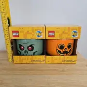 Lego Small 7” Halloween Storage Head Container Set Of 2 - Pumpkin Zombie NEW
