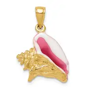 14k Yellow Gold Polished 3-D Pink and White Enameled Conch Shell Pendant