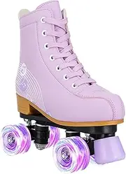 YYW Roller Skates for Girls and Women, Fantastic Pink Purple PU Leather Light Up Kids Youth Roller Skates, Indoor Outdoor Roller Skates Girls Ages 8-12