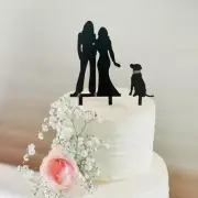 Silhouette Two Brides Holding Hand & A Dog Cake Topper LGBT Wedding Supplies