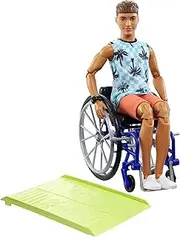 Barbie Ken Doll with Wheelchair & Ramp, Kids Toys, Barbie Fashionistas, Brunette with Beachy Tee and Orange Shorts, Clothes and Accessories