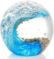 Glass Ocean Waves Ball Paperweight, Hand Blown with Blue, Gold & White Bubble Decoration for Home and Office