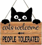 EatingBiting 9.1x7.9" People Tolerated Wooden Plaque Funny Cat Welcome Sign Kitty Kitten Footprint Wooden Plaque Art Halloween Black Cat Wall Decor Footprint Wall Decor Pet Shop Home Cat Lover Gifts