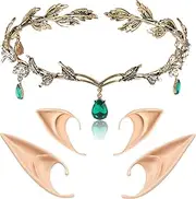 FRESHME Elf Ears with Fairy Crown Set Pixie Headpiece with 2 Pairs Fairy Ears Kit