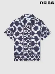 Reiss Blue Maki 13-14 yrs Abstract Print Cuban Collar Shirt (AP0393) | $95