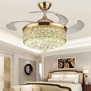 107 cm Invisible Reversible Ceiling Fan with LED Lights and Remote Control, 4 Retractable Blades Fan Chandelier for Living Room, Indoor Crystal Ceiling Light Kits with Fans (Gold)