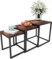 VERFARM Nesting Table Set of 3 End Tables, Modern Minimalist Coffee Table, Stackable Tables with Metal Wood Stacking Side Table for Living Room, Bedroom, Brown/Black