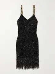 [Balmain] Balmain - Chain-embellished Fringed Sequined Bouclé-tweed Mini Dress - Black - FR 34 FR 34 Black