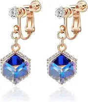 [EVEVIC] Cube Austrian Crystal Drop Clip On Dangle Earrings for Women Non Pierced 14K Rose Gold Plated Hypoallergenic Jewelry