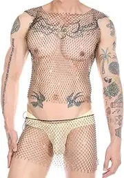 [GENEMEN] Rhinestone Mesh Top Men Fishnet Tank Tops, Sexy Sissy Skirt Fishnet Underwear Rave Outfits, Set-black, Large