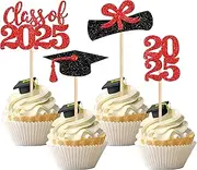 36 PCS 2023 Graduation Theme Cupcake Toppers Glitter Class of 2023 Graduation Cap Diploma Cupcake Picks Party Cake Decorations Supplies Red