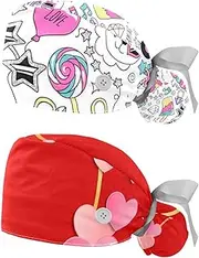 [WOSHJIUK] Working Hat 2 Pack Scrub Caps for Women,Panda Rainbow Unicorn Doodle,Tie Back Cap Adjustable Scrub Hat