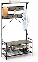 Giantex Coat Rack, 4-in-1 Hall Tree with 11 Hanging Hooks, Shoe Bench, 2-Tier Shoe Rack, Metal Frame & Dual Anti-Tipping Kits, Industrial Entryway Bench for Mudroom (Gray & Black)