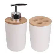 Eco Basics White Bathroom Bamboo Toothbrush Holder Caddy & Soap Pump Bottle Set