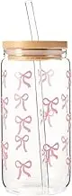 Beatifufu Kawaii Glass Cups with Lids and Straws Cute Bowknot Design Reusable Drinkware for Adults for Smoothies Juice and Coffee for Parties and Everyday Use