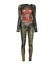 MESH CREW NECK CATSUIT PRINTED 'MÉDAILLON' Black
