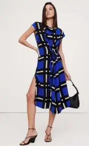 Banana Republic Matte Silk Shift Dress Blue Plaid Size S NWT RT$250
