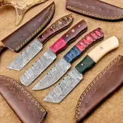 4 Pcs Damascus Blade Skinner Knives Set | 8" | Hard Wood, Leather Sheath IT-903