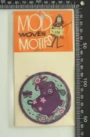 VINTAGE MOD MOTIFS PURPLE COW NOVELTY EMBROIDERED PATCH WOVEN CLOTH SEW-ON BADGE