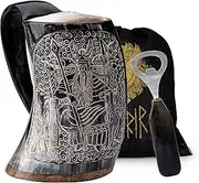 FENRIR Viking Drinking Horn Mug-16 oz | Viking Gifts For Men | Bottle Opener | Norse Horn Cup For Beer, Ale, Mead | Unique Handmade Real Oxhorn | Premium Odin Edition (Natural Shine Polished)