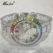 2022 Luxury Brand MISSFOX Gold Hip Hop Watches Men Fashion Rainbow Diamond Waterproof Smart Watch Full Steel Sports Clocks Male V298R-S