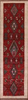 Red/ Ivory Moroccan Tribal 12' Long Rug Runner Plush Wool Hand-knotted 3x12